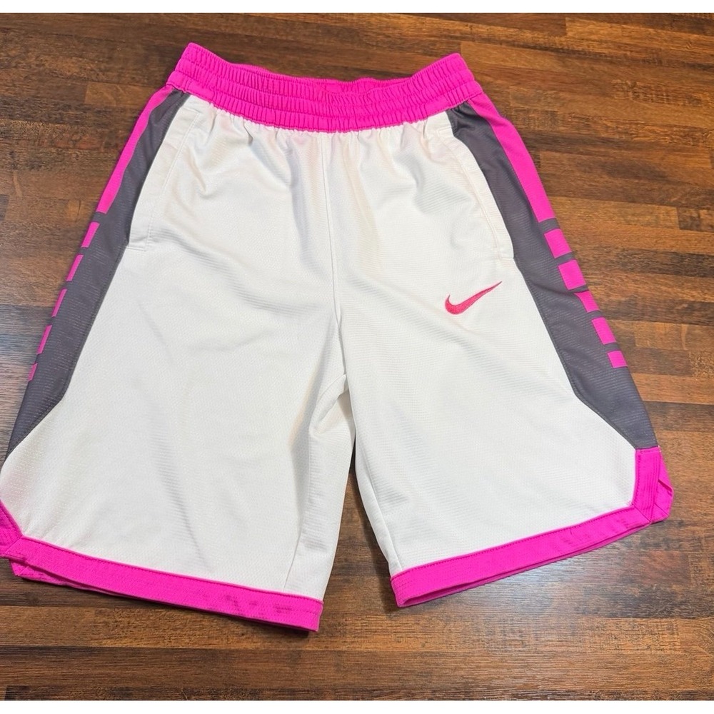 Youth dri-fit Nike Elite basketball shorts pink and white.  Size large.  Unisex